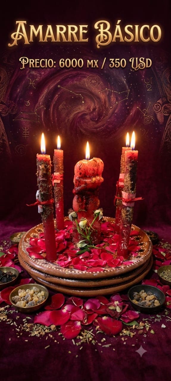 Altar de Amarre Básico con cirios ceremoniales y pétalos rojos