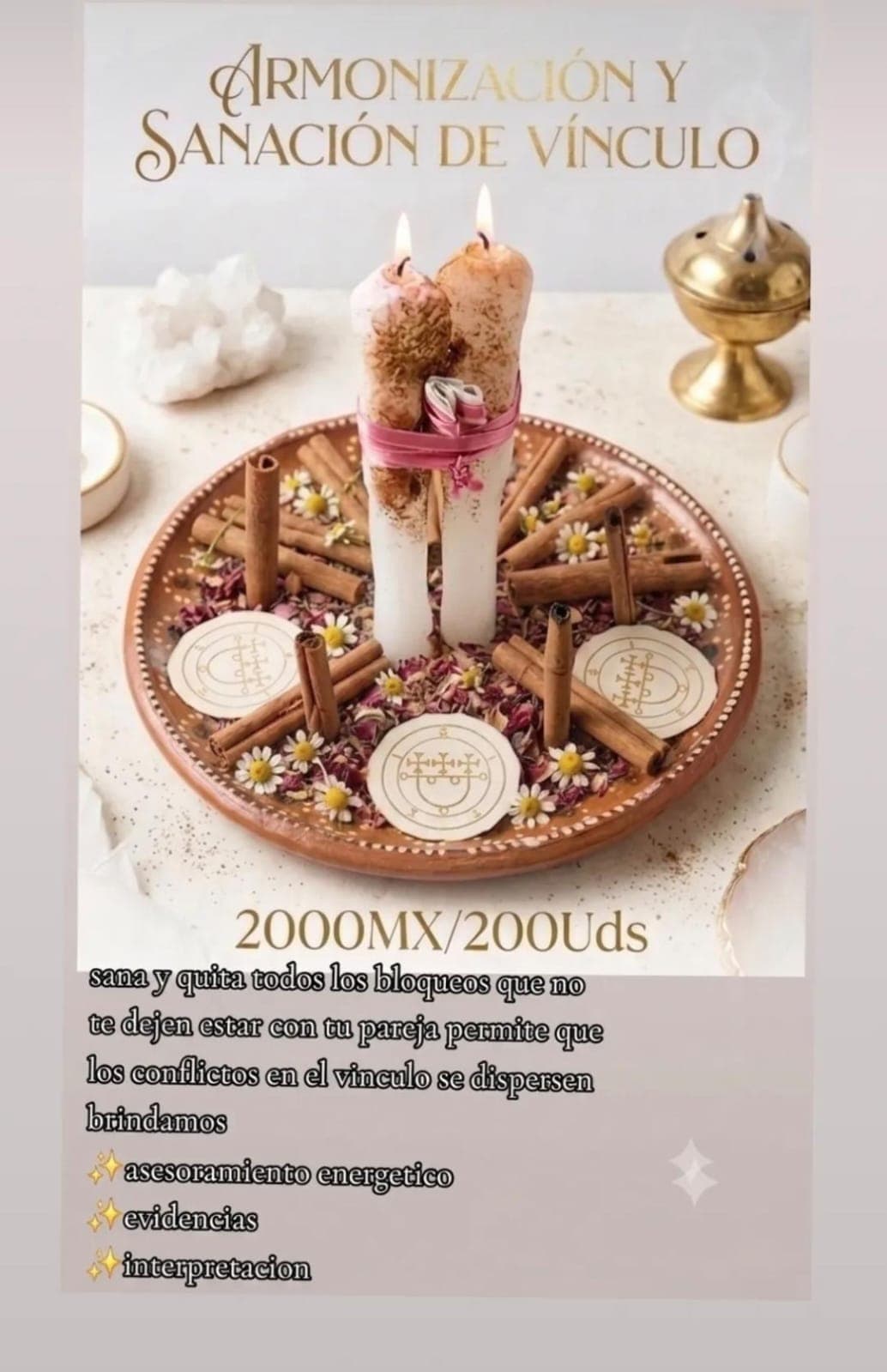 Altar de Armonización y Sanación de Vínculo con cirios blancos y canela