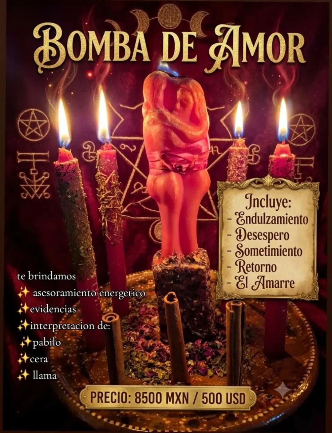 Altar de Bomba de Amor con figuras ceremoniales rojas y canela
